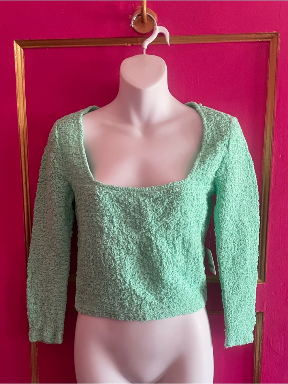 Free People Free est Jade Mint Textured Square-Neck Long Sleeve Top size xs